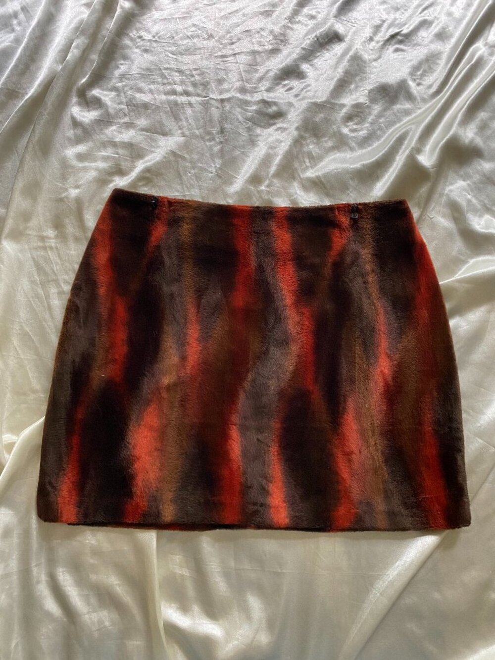 Vintage 1990s Red Brown Faux Fur Mini Skirt Abstract Grunge Large